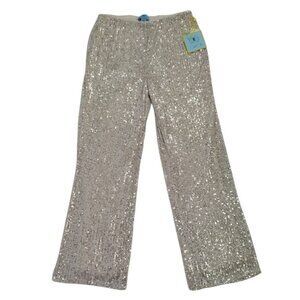 Cece Womens Glittering Sequin Wide-Leg Pants M Silver Elastic Waist Party Wear.